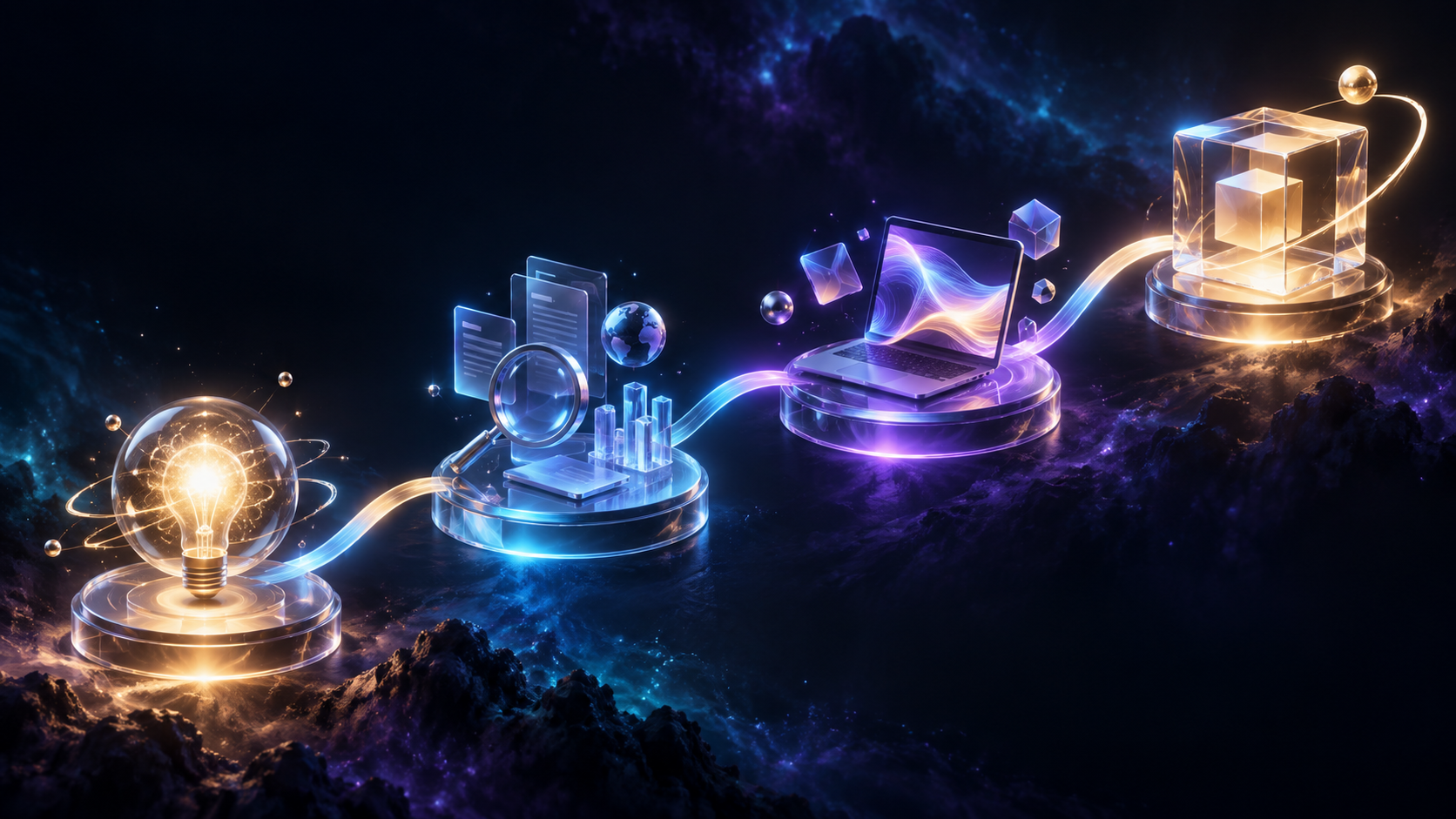3D-инфографика пути от идеи через AI к готовому заказу